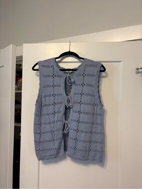 Light Blue Knit Tie-Front Vest Sweater